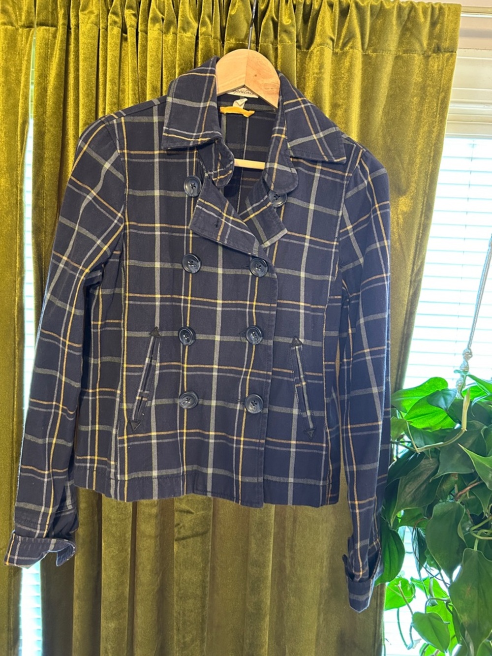 Vintage Aeropostale Double-Breasted Plaid Women's Peacoat Jacket - Navy & Yellow